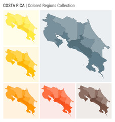 Costa Rica map collection. Country shape with colored regions. Blue Grey, Yellow, Amber, Orange, Deep Orange, Brown color palettes. Border of Costa Rica with provinces for your infographic.