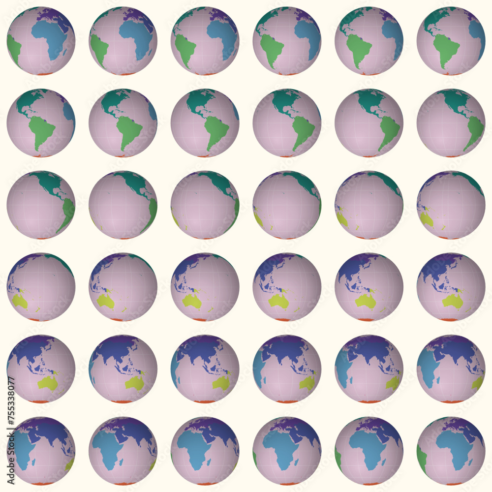 Poster collection of globes. normal sphere view. rotation step 10 degrees. colored continents style. world 