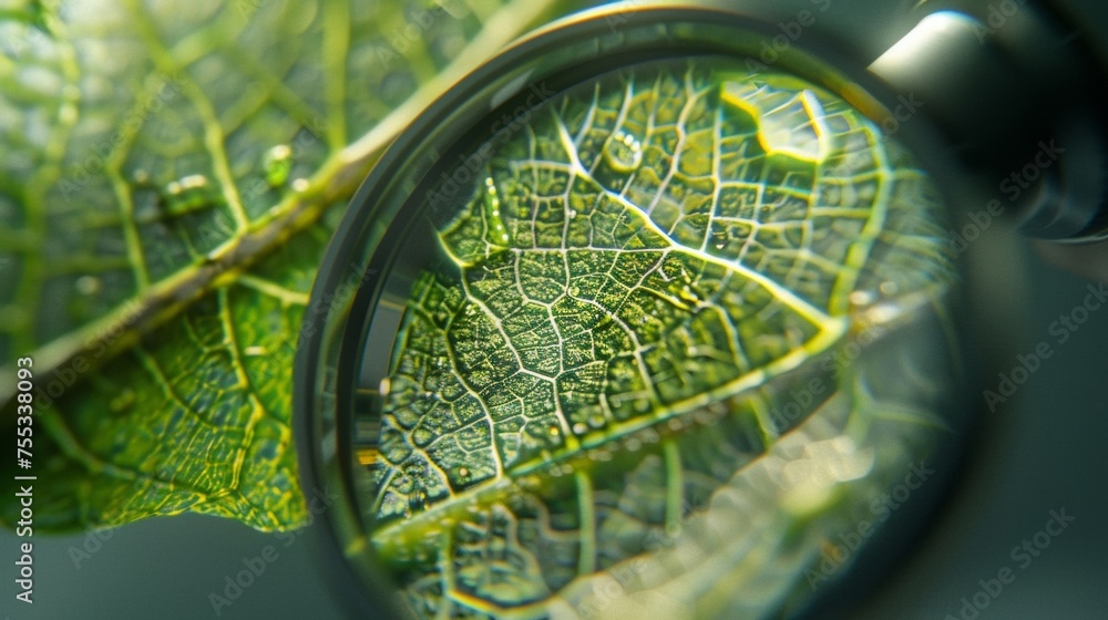 Poster a microscope lens captures the intricate structure of a leaf from a greenhouse specimen revealing ti
