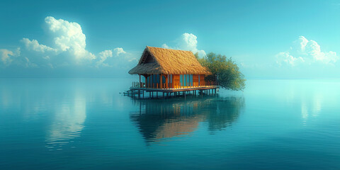 island hut is floating on the ocean, in the style of exotic atmosphere, turquoise, landscape 