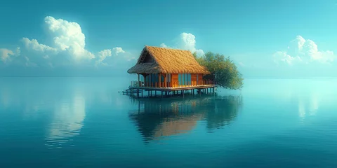 Küchenrückwand glas motiv Bora Bora, Französisch-Polynesien island hut is floating on the ocean, in the style of exotic atmosphere, turquoise, landscape 
