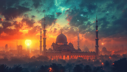  colorful sky with an image of mosque with star - obrazy, fototapety, plakaty
