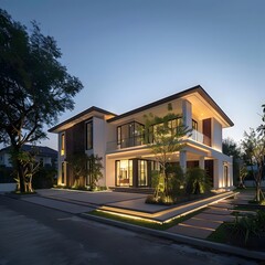 Luxurious modern house exterior illuminated by elegant evening lighting, highlighting the sophisticated design and well-manicured garden.