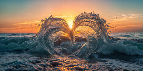 The splash of the sea wave formed a heart shape against the backdrop of a beautiful sunset - obrazy, fototapety, plakaty