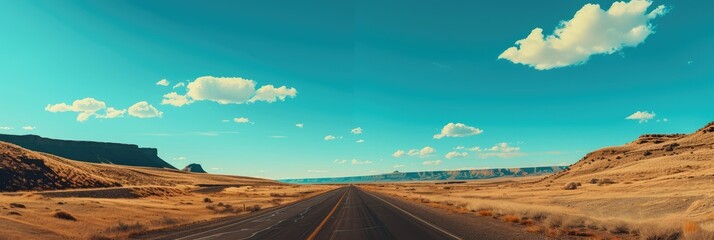 Open Desert Road Under a Clear Blue Sky - obrazy, fototapety, plakaty
