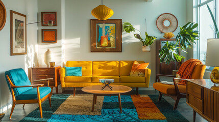 A vibrant teal poster frame brings a pop of color to a mid-century modern interior with retro furnishings.