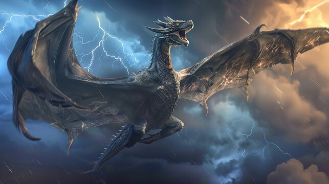 A majestic dragon flying through a stormy sky, with lightning flashing in the background.