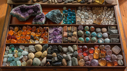 An array of colorful stones and crystals used in Reiki to balance and align the bodys energy centers.
