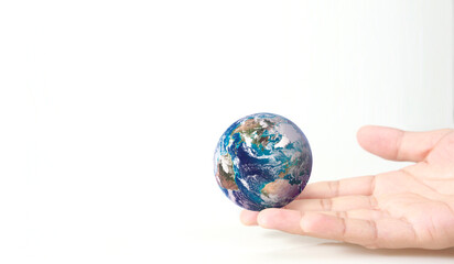 Globe ,earth in human hand, holding. Earth image provided by Nasa