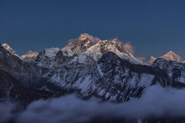 Mount Everest view at night. Starry sky and Everest mountain. Landscape in Himalayas. Nepal.