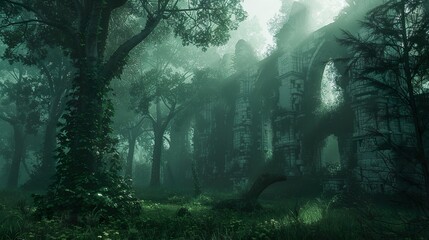 A mystical forest shrouded in mist, with ancient ruins barely visible in the background