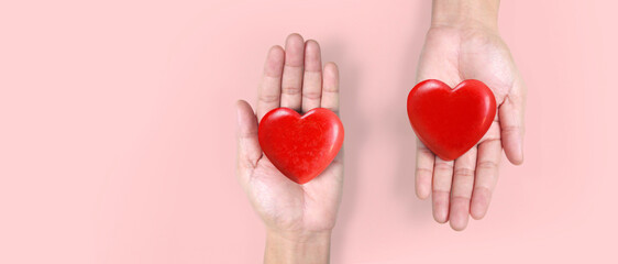 Hands holding  red heart. heart health donation - 755340070