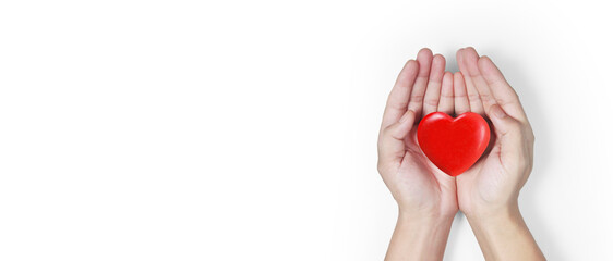Hands holding  red heart. heart health donation - 755340076
