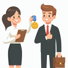 flat design illustration of business woman giving award medal to business man