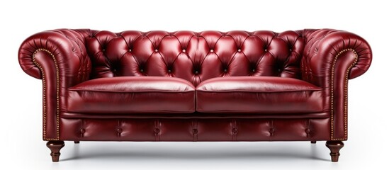 A luxurious red leather couch stands prominently on a pristine white floor, creating a striking contrast in the rooms decor. The sleek design of the couch enhances the overall elegance of the space.