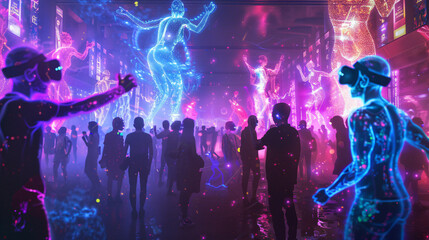 Virtual reality concert with holographic performers and an ecstatic digital crowd, rendered in vivid colors and a dynamic, futuristic setting