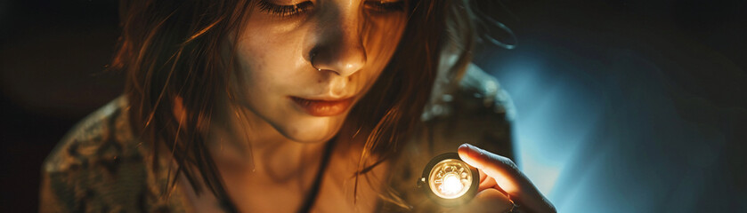 Young woman gazing thoughtfully at an old, intricate locket in her hand, under cinematic lighting, revealing detailed textures - obrazy, fototapety, plakaty