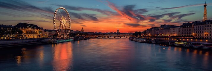 Sunset Skyline with Ferris Wheel in Paris Cityscape