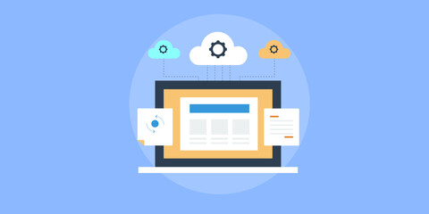 Cloud computing data processing synchronization online file and document storage connected with laptop device, web business technology solution. Vector illustration concept. 