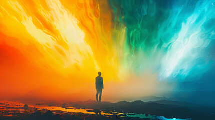 Abstract portrayal of human emotion as colorful auroras emanating from a silhouetted figure standing in a stark, monochromatic landscape