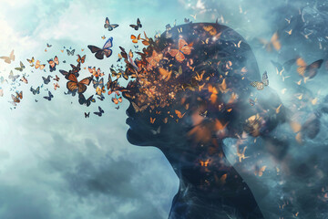 Abstract visualization of a human silhouette breaking into a swarm of butterflies, symbolizing transformation and personal growth
