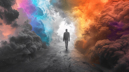 Conceptual image of a figure walking through a portal from a grayscale world into one full of color, depicting life transitions and new beginnings