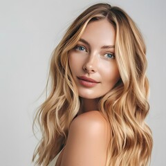 Naklejka premium Gorgeous blonde woman with wavy hair and radiant skin posing in a studio setting for a cosmetic concept, exuding natural beauty and elegance.