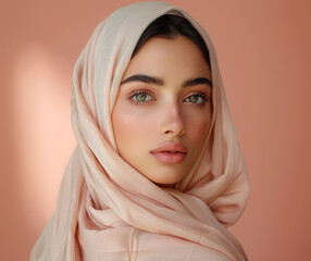 Portrait of Beautiful Model Arab Woman with beautiful hydrated skin and natural facial makeup, skincare concept for product, spa, cosmetology, plastic surgery ad