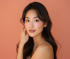 Portrait of Beautiful Asian Model Woman with beautiful hydrated skin and natural facial makeup, skincare concept for product, spa, cosmetology, plastic surgery ad
