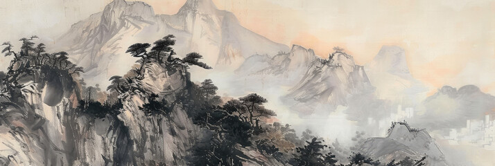 Tranquil Traditional Asian Mountain Landscape Art