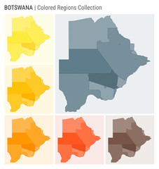 Botswana map collection. Country shape with colored regions. Blue Grey, Yellow, Amber, Orange, Deep Orange, Brown color palettes. Border of Botswana with provinces for your infographic.