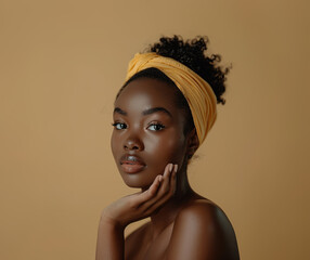 Portrait of Beautiful African american Model Woman with beautiful hydrated skin and natural facial makeup, skincare concept for product, spa, cosmetology, plastic surgery ad