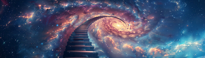 Surreal depiction of staircases leading to multiple dimensions against a backdrop of infinite space, challenging perceptions of reality - obrazy, fototapety, plakaty