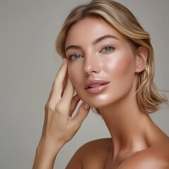 Studio portrait of a blonde woman with healthy skin touching her face gently, featuring a natural makeup look. Ideal for cosmetic concepts and beauty products.