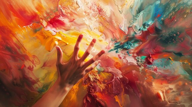 Paintstained fingers carefully dance across a canvas revealing a beautiful abstract masterpiece in a dedicated arts space.