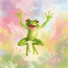 Illustration of a cheerful green frog leaping on a pastel spring background to commemorate Leap Day on February 29th.