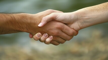 A closeup shot of a handshake between a man and woman with their hands overlapped and their eyes locked in a determined gaze reflects the power dynamics and positive outcomes
