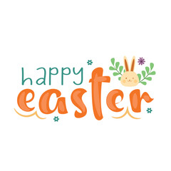 Happy Easter typography in green and purple with a rabbit face and flowers.