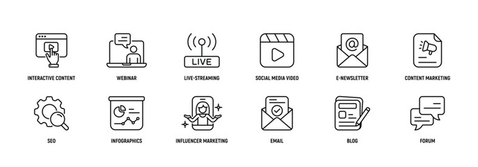 Inbound Marketing thin line icons set: Editable Stroke. Strategy, type, interactive, content, webinar, live-streaming.
