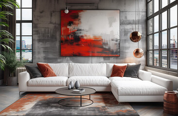 Luxury modern lighting living rooom with white sofa, abstract paint on the wall. Luxury apartment