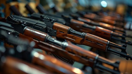 A row of AK-47 Kalashnikov assault rifles.
