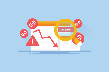 Link spam negative SEO impact, website ranking and traffic going down, manipulate search engine unauthenticated SEO practice conceptual vector illustration.  - obrazy, fototapety, plakaty