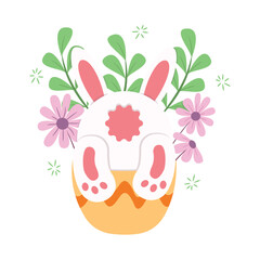 A vector of an Easter bunny in a flower pot with floral and leaf decorations
