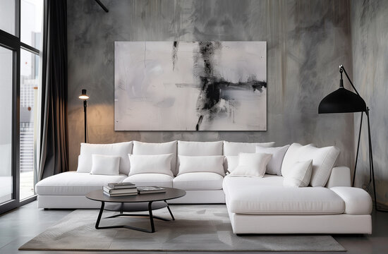 Luxury modern lighting living rooom with white sofa, abstract paint on the wall. Luxury apartment