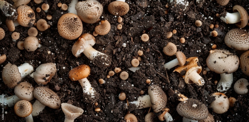 Poster the rich brown soil is dotted with tiny mushrooms their varying shapes and sizes adding to the uniqu