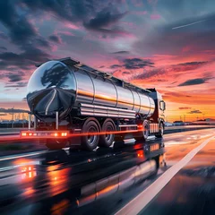 Foto op Canvas A metal fuel tanker truck transporting fuel to an oil refinery during sunset, showcasing the industrial transport process against a colorful sky. © Hasanul