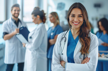 A smiling female doctor standing in front of a medical team, in a hospital background with other doctors and nurses, holding a medical clipboard