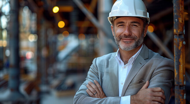 Handsome smiling investor businessman at the construction site, Developer middle age in suit and hardhat behind the building