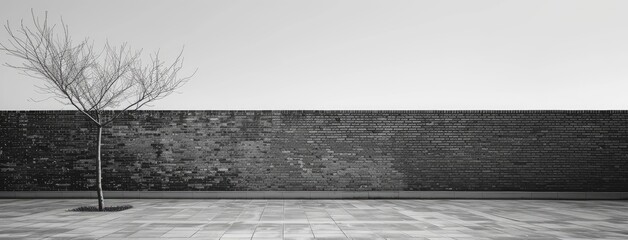 Solitary Tree Against a Textured Brick Wall - obrazy, fototapety, plakaty