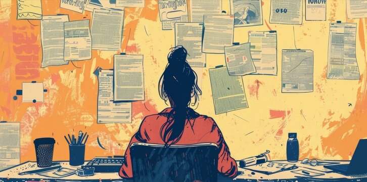 A student sitting at her desk surrounded by flyers and posters as she creates a schedule for the social events she wants to attend in the dorm.